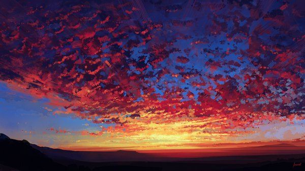 Anime picture 1920x1080 with original aenami highres wide image signed sky cloud (clouds) wallpaper evening horizon no people scenic red sky