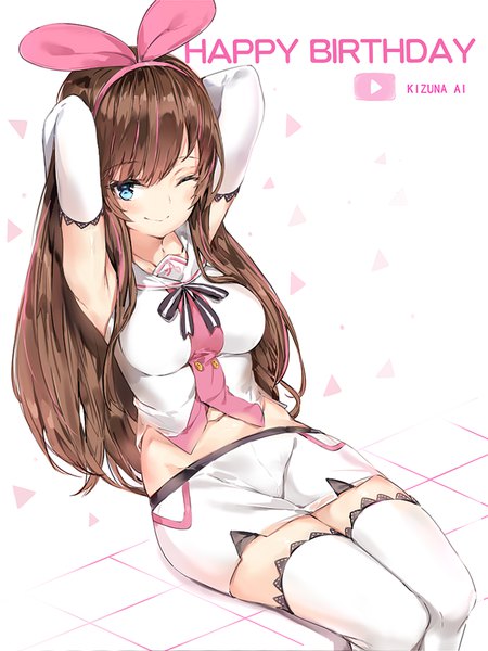 Anime picture 900x1200 with virtual youtuber a.i. channel kizuna ai silver (chenwen) single long hair tall image fringe breasts blue eyes smile brown hair sitting one eye closed multicolored hair inscription arms up two-tone hair armpit (armpits) midriff