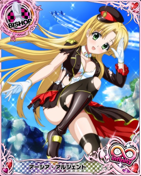 Anime picture 640x800 with highschool dxd asia argento single long hair tall image looking at viewer blush breasts open mouth light erotic blonde hair green eyes torn clothes card (medium) girl thighhighs gloves black thighhighs boots white gloves