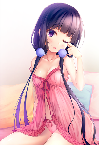 Anime picture 821x1200 with blend s a-1 pictures sakuranomiya maika pasdar single long hair tall image looking at viewer blush fringe breasts open mouth light erotic black hair sitting twintails purple eyes blunt bangs one eye closed underwear only