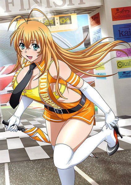 Anime picture 600x848 with ikkitousen sonsaku hakufu single long hair tall image looking at viewer blush open mouth blue eyes light erotic blonde hair closed umbrella girl thighhighs gloves white thighhighs necktie elbow gloves white gloves umbrella