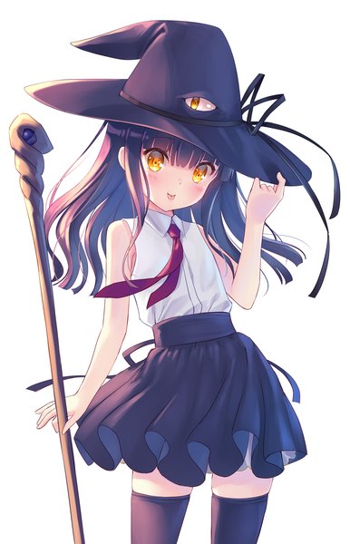 Anime picture 1280x1989 with original na-ga single long hair tall image looking at viewer black hair simple background smile white background yellow eyes zettai ryouiki sleeveless flat chest :p girl thighhighs skirt black thighhighs hat