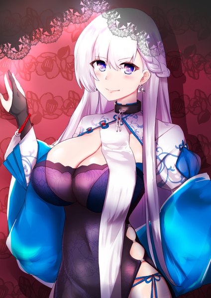 Anime picture 1013x1433 with azur lane belfast (azur lane) belfast (iridescent rose) (azur lane) ibara azuki single long hair tall image looking at viewer blush fringe breasts blue eyes light erotic hair between eyes standing cleavage silver hair braid (braids) traditional clothes light smile
