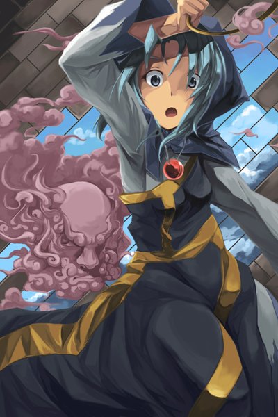 Anime picture 1000x1500 with touhou kumoi ichirin unzan sorano eika tall image short hair open mouth holding cloud (clouds) aqua hair grey eyes surprised brick wall girl dress boy hood