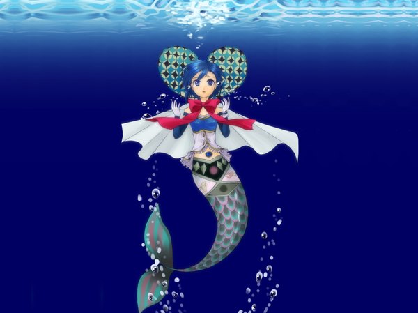 Anime picture 1867x1400 with mahou shoujo madoka magica shaft (studio) miki sayaka tagme (artist) highres short hair blue eyes blue hair tail tears underwater girl gloves bow water sea cloak bubble (bubbles) mermaid