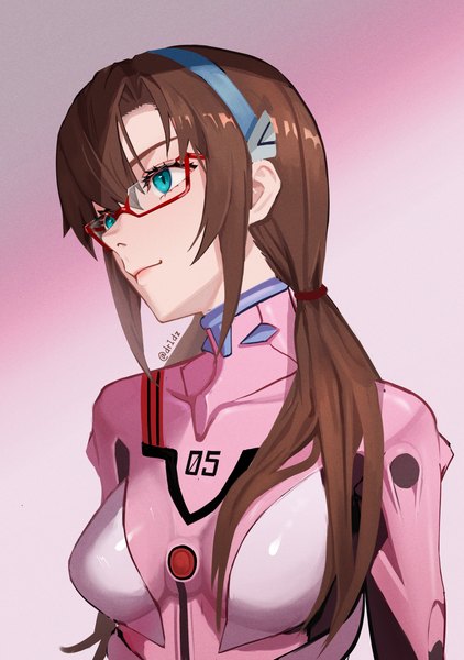 Anime picture 2814x4000 with neon genesis evangelion rebuild of evangelion evangelion: 2.0 you can (not) advance gainax makinami mari illustrious drid single long hair tall image fringe highres breasts simple background hair between eyes twintails signed payot looking away upper body head tilt