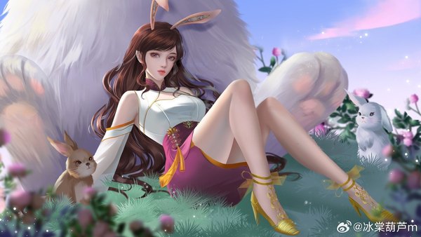 Anime picture 1920x1080 with douluo continent jiang nannan (douluo dalu) bing tang hulu single long hair looking at viewer fringe highres breasts brown hair wide image sitting bare shoulders signed animal ears sky cloud (clouds) full body bent knee (knees) outdoors