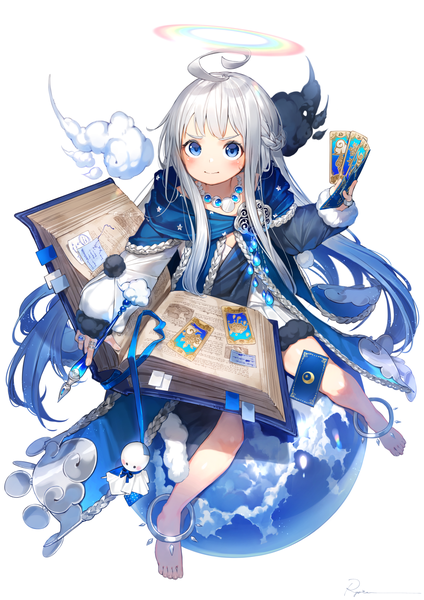 Anime picture 1096x1550 with original ryota (ry o ta) single long hair tall image looking at viewer blush fringe blue eyes simple background white background sitting holding payot silver hair cloud (clouds) full body ahoge braid (braids) barefoot
