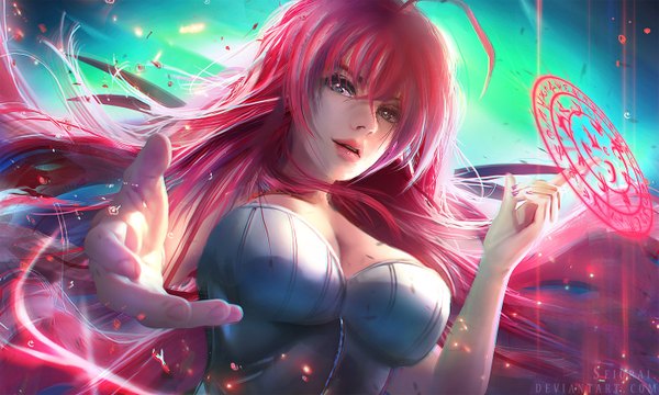 Anime picture 1400x840 with highschool dxd rias gremory seiorai single long hair looking at viewer fringe breasts light erotic hair between eyes wide image large breasts green eyes pink hair cleavage ahoge nail polish parted lips lips realistic