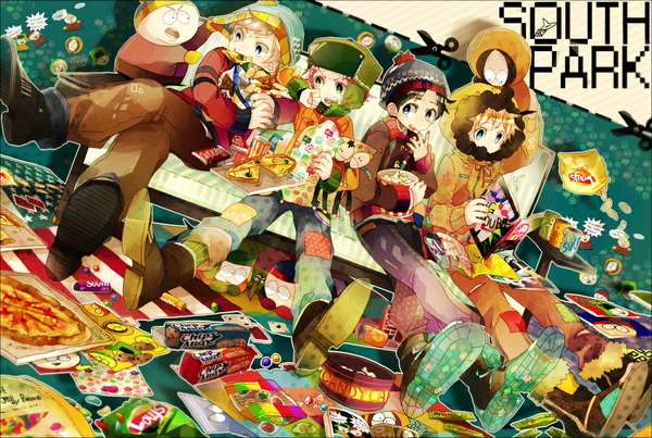 Anime picture 1070x720 with south park eric theodore cartman kenny mccormick kyle broflovski stanley randall marsh maple (cyakapon) short hair blue eyes black hair blonde hair sitting green eyes orange hair inscription multiple boys group dual persona boy food boots