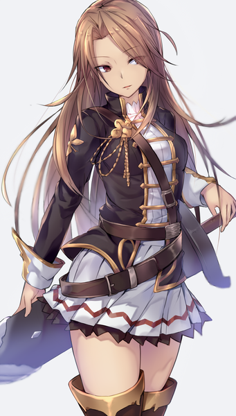 Anime picture 1016x1788 with granblue fantasy katalina aryze metindone single long hair tall image fringe simple background brown hair standing white background holding brown eyes looking away long sleeves parted lips head tilt pleated skirt blurry hair over one eye