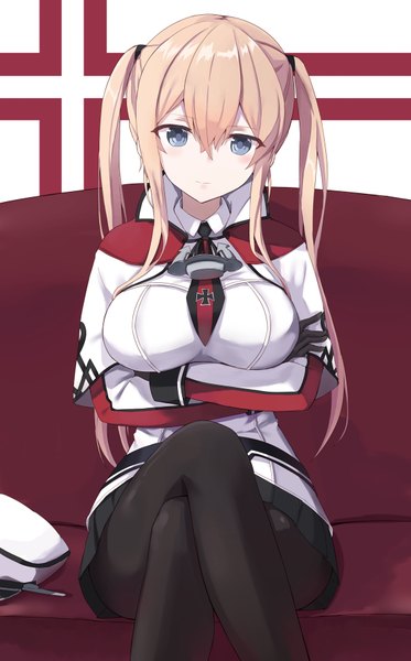 Anime picture 1134x1822 with kantai collection graf zeppelin (kantai collection) shikuro (iorimiyakiyo) single long hair tall image looking at viewer blush fringe breasts blue eyes light erotic blonde hair large breasts sitting twintails crossed legs crossed arms breast hold girl