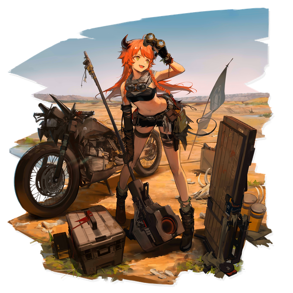 Anime picture 2048x2048 with arknights croissant (arknights) croissant (seeker) (arknights) huanxiang heitu single long hair highres open mouth standing green eyes looking away full body outdoors braid (braids) :d horn (horns) orange hair official art midriff leaning