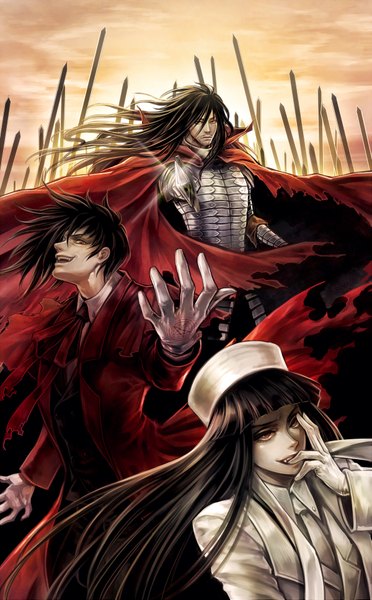 Anime picture 1200x1933 with hellsing alucard (hellsing) girlycard vladmir tepes tetra takamine long hair tall image short hair black hair red eyes teeth fang (fangs) alternate costume mouth hold torn clothes magic genderswap smirk multiple persona fur hat
