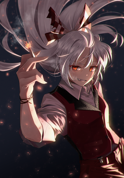 Anime picture 1256x1793 with touhou fujiwara no mokou greenkohgen single long hair tall image looking at viewer red eyes silver hair from above smoke twisty sleeves girl bow hair bow shirt bracelet white shirt vest cigarette
