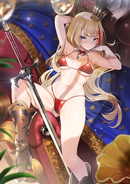 Anime picture 1416x2006 with original teddy (khanshin) long hair tall image blush fringe breasts blue eyes light erotic blonde hair bent knee (knees) lying blunt bangs multicolored hair from above arms up on back dutch angle streaked hair underboob