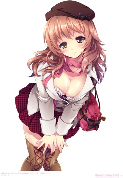 Anime picture 2608x3776 with original chiyo shima single long hair tall image looking at viewer blush highres breasts light erotic simple background brown hair white background green eyes cleavage scan girl skirt hat bag