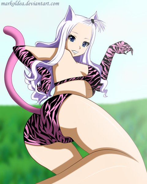 Anime picture 2300x2872 with fairy tail mirajane strauss markoldea single long hair tall image highres blue eyes light erotic smile animal ears sky ahoge white hair looking back cat ears cat girl cat tail girl gloves