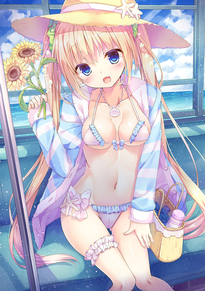 Anime picture 1447x2047 with original kinokomushi single long hair tall image looking at viewer blush fringe breasts open mouth blue eyes light erotic blonde hair hair between eyes sitting twintails holding payot sky cloud (clouds)