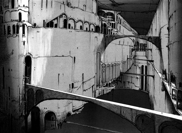 Anime picture 1506x1100 with blame! city monochrome no people architecture manga bridge