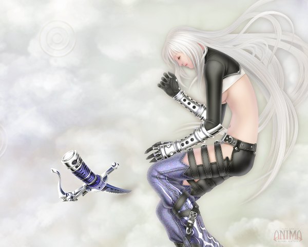 Anime picture 1280x1024 with anima celia (anima) wen-m single long hair white hair eyes closed realistic sleeping girl gloves weapon sword belt armor