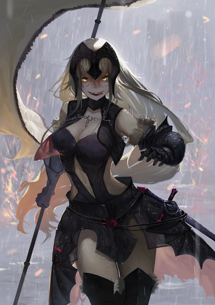Anime picture 1868x2643 with fate (series) fate/grand order fate/apocrypha jeanne d'arc (fate) (all) jeanne d'arc alter (fate) jeanne d'arc alter (avenger) (third ascension) (fate) isaka wasabi single long hair tall image looking at viewer highres breasts blonde hair standing yellow eyes cleavage rain girl weapon
