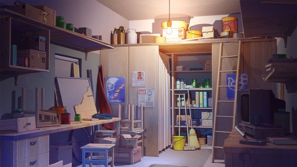 Anime picture 1920x1080 with everlasting summer iichan eroge arsenixc vvcephei highres wide image game cg indoors wallpaper light no people locker room collaboration book (books) chair bottle lamp desk room box