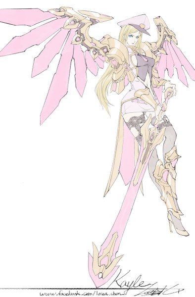 Anime picture 789x1200 with league of legends kayle (league of legends) loiza single long hair tall image looking at viewer blue eyes light erotic simple background blonde hair white background bent knee (knees) pantyshot character names mechanical wings girl thighhighs navel underwear