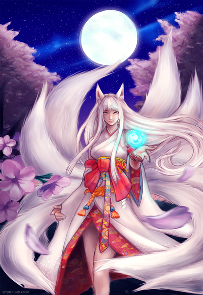 Anime picture 971x1406 with league of legends ahri (league of legends) elysiel single long hair tall image looking at viewer highres brown eyes animal ears white hair tail traditional clothes japanese clothes animal tail fingernails lips night wide sleeves night sky