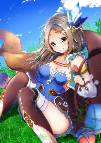 Anime picture 1000x1412 with atelier (series) atelier firis gust (company) firis mistlud ymd (holudoun) single long hair tall image blush breasts light erotic smile brown hair sitting green eyes looking away sky cleavage cloud (clouds) outdoors