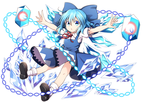 Anime picture 1771x1254 with touhou cirno nogisaka kushio single looking at viewer fringe highres short hair open mouth blue eyes hair between eyes blue hair full body short sleeves puffy sleeves transparent background danmaku girl dress hair ornament