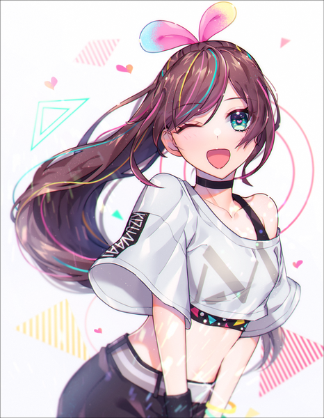 Anime picture 1166x1500 with virtual youtuber a.i. channel kizuna ai kizuna ai (musician) peta (snc7) single long hair tall image looking at viewer open mouth brown hair one eye closed multicolored hair aqua eyes wink midriff streaked hair official alternate costume symbol-shaped pupils ;d