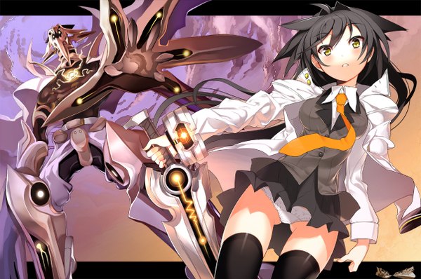 Anime picture 1206x800 with original char long hair blush light erotic black hair yellow eyes sky cloud (clouds) girl thighhighs underwear panties weapon black thighhighs miniskirt necktie cloak vest huge weapon