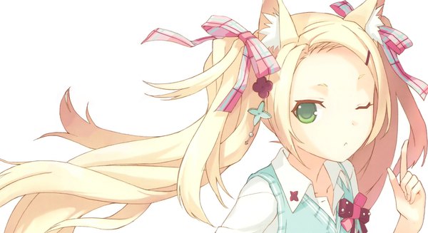 Anime picture 1980x1080 with original h2so4 single long hair looking at viewer highres blonde hair wide image white background twintails green eyes one eye closed wink cat girl wallpaper cropped girl hair ornament ribbon (ribbons) hair ribbon