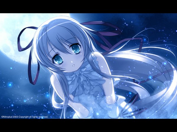 Anime picture 1600x1200 with demonbane al azif single looking at viewer fringe hair between eyes very long hair aqua eyes night leaning leaning forward night sky letterboxed girl ribbon (ribbons) hair ribbon moon full moon