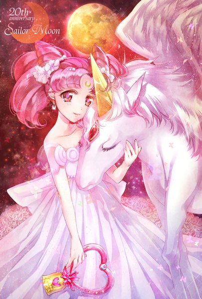 Anime picture 1181x1748 with bishoujo senshi sailor moon toei animation chibiusa princess usagi small lady helios pegasus (sailor moon) tall image looking at viewer short hair standing twintails holding pink hair eyes closed pink eyes horn (horns) light smile hair bun (hair buns) hug short twintails