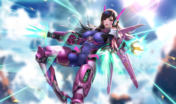 Anime picture 6778x4000 with overwatch blizzard entertainment d.va (overwatch) liang xing single long hair looking at viewer fringe highres light erotic black hair wide image brown eyes absurdres sky cloud (clouds) bent knee (knees) blurry realistic high heels