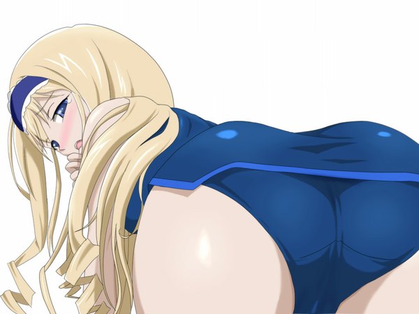 Anime picture 1024x768 with infinite stratos 8bit cecilia orcott single long hair blush open mouth blue eyes light erotic simple background blonde hair white background ass tears drill hair girl hairband bodysuit
