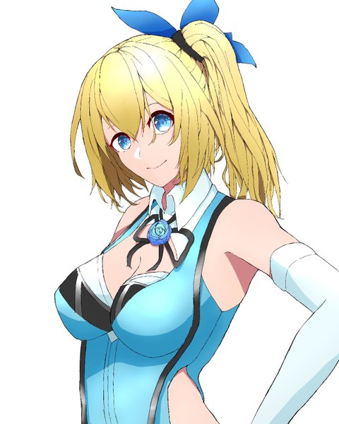 Anime picture 1200x1500 with virtual youtuber mirai akari project mirai akari shiroku single long hair tall image looking at viewer fringe breasts blue eyes simple background blonde hair smile hair between eyes white background bare shoulders payot cleavage upper body
