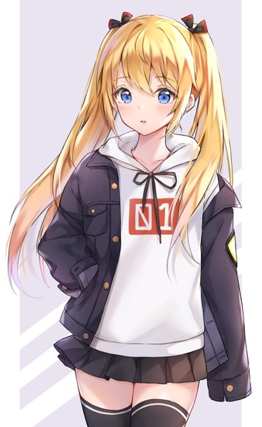 Anime picture 850x1383 with original cuna (qunya) single long hair tall image blush fringe blue eyes simple background blonde hair hair between eyes twintails looking away long sleeves parted lips pleated skirt off shoulder grey background open jacket zettai ryouiki