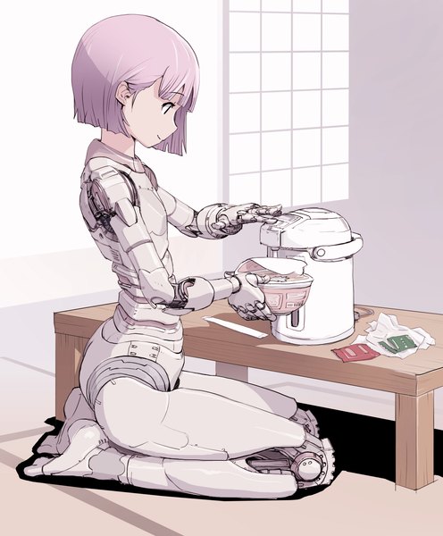 Anime picture 1731x2095 with original sukabu single tall image fringe highres short hair smile sitting looking away pink hair blunt bangs profile looking down seiza robot joints girl table sliding doors tatami