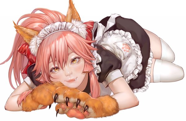 Anime picture 1524x988 with fate (series) fate/grand order tamamo (fate) (all) tamamo cat (fate) ustsugi (me666nm) single long hair looking at viewer blush fringe simple background smile hair between eyes white background animal ears payot pink hair lying realistic maid