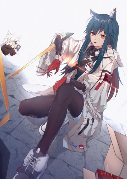 Anime picture 2315x3274 with arknights texas (arknights) lappland (arknights) texas (winter messenger) (arknights) suyi-j long hair tall image looking at viewer fringe highres hair between eyes multiple girls holding brown eyes animal ears blue hair pink hair multicolored hair open jacket two-tone hair