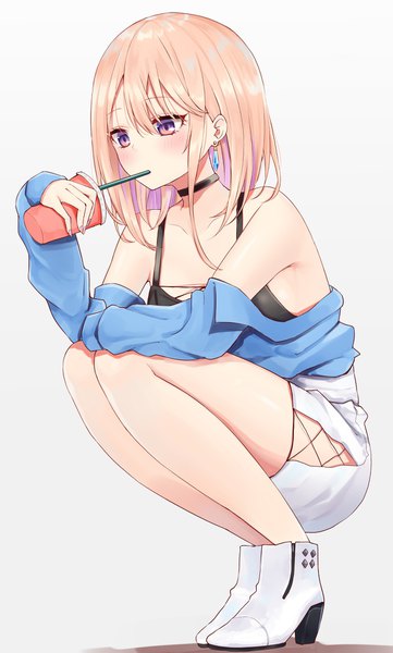 Anime picture 1124x1868 with original piripun single tall image blush fringe short hair simple background blonde hair hair between eyes white background purple eyes bare shoulders holding looking away bent knee (knees) off shoulder high heels sleeves past wrists side slit