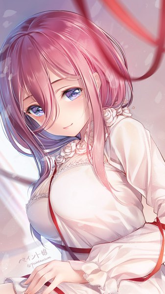 Anime picture 648x1152 with go-toubun no hanayome nakano miku paint musume single long hair tall image looking at viewer blush fringe breasts blue eyes hair between eyes signed payot pink hair upper body depth of field twitter username girl dress