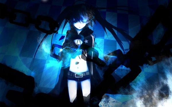 Anime picture 1280x800 with black rock shooter black rock shooter (character) single long hair looking at viewer fringe blue eyes black hair wide image standing twintails :o outstretched arm glowing glowing eye (eyes) checkered background white skin girl gloves navel