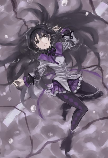 Anime picture 2000x2935 with mahou shoujo madoka magica shaft (studio) akemi homura hinomoto madoka single long hair tall image looking at viewer highres black hair lying black eyes tears rhombus girl pantyhose water argyle legwear