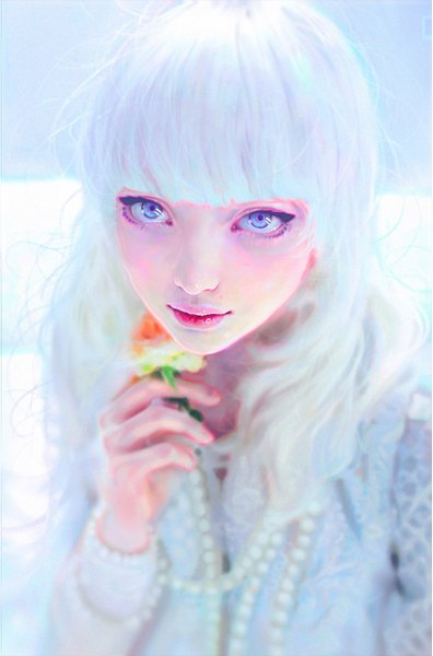 Anime picture 858x1300 with original irakli nadar single long hair tall image looking at viewer fringe blue eyes smile holding white hair blunt bangs lipstick portrait pink lipstick makeup messy hair girl flower (flowers) necklace