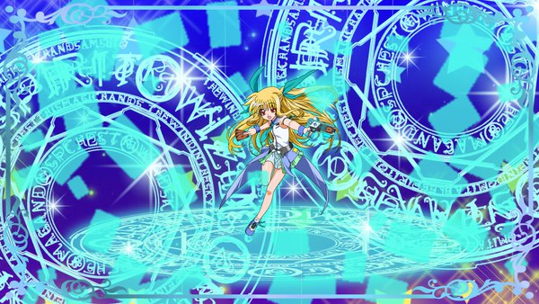 Anime picture 1280x720 with mahou shoujo lyrical nanoha alicia testarossa nanohamagica single long hair looking at viewer fringe open mouth blonde hair red eyes wide image holding full body bent knee (knees) :d pleated skirt two side up sleeveless magic framed