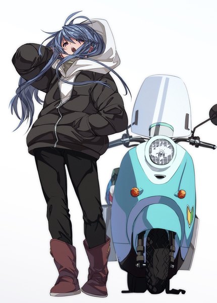 Anime-Bild 829x1156 mit yurucamp shima rin fu-ta single long hair tall image open mouth simple background standing white background purple eyes blue hair full body arm behind head hand in pocket partially open clothes girl jacket hood knee boots